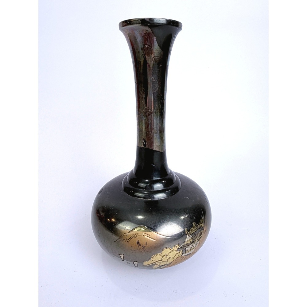 Vintage Japanese Amita Damascene Bud Vase Black Gold Silver Pagoda Mt Fuji 6.25"
